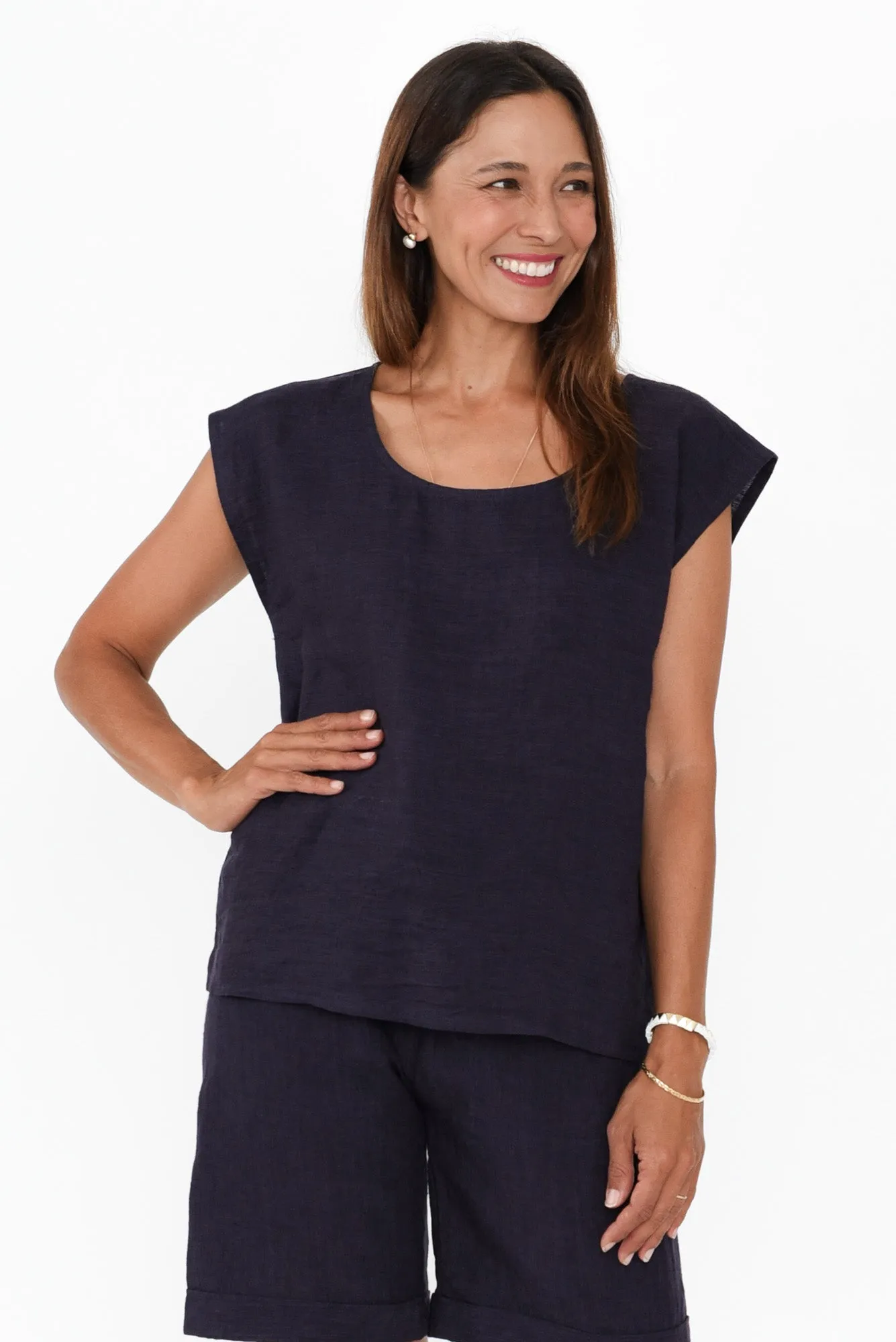 Gabriele Navy Linen Top sold by Blue Bungalow