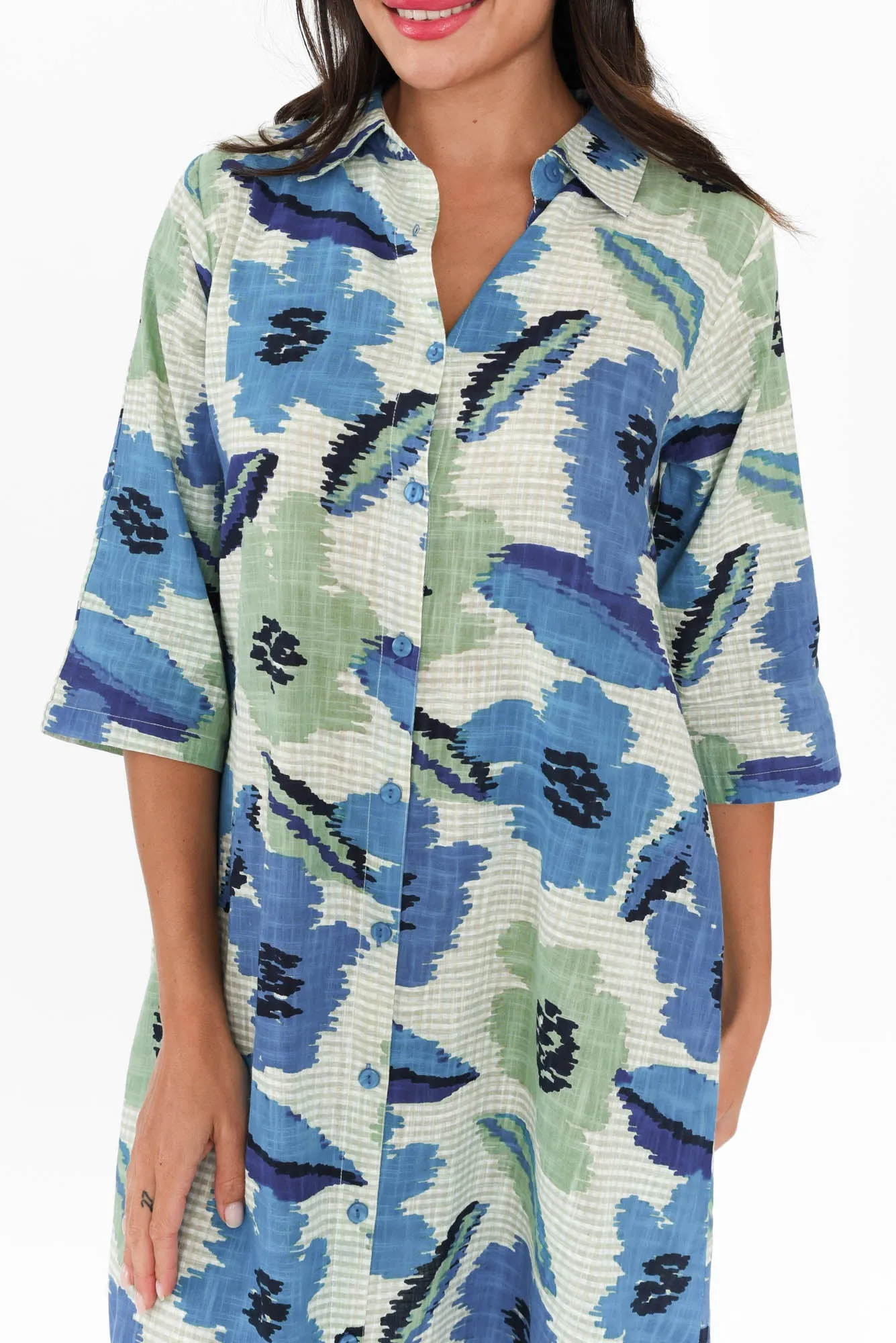 Tricia Blue Floral Cotton Shirt Dress sold by Blue Bungalow product image thumbnail 5