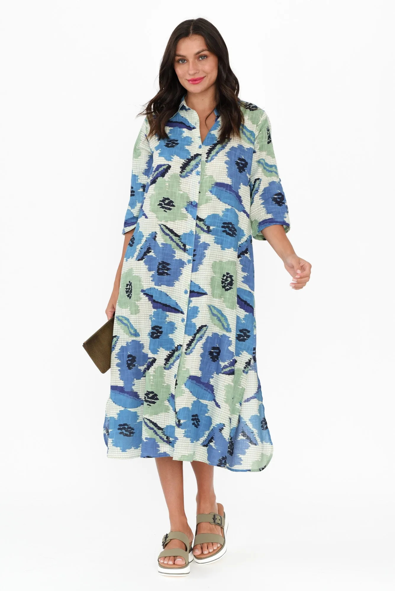 Tricia Blue Floral Cotton Shirt Dress sold by Blue Bungalow