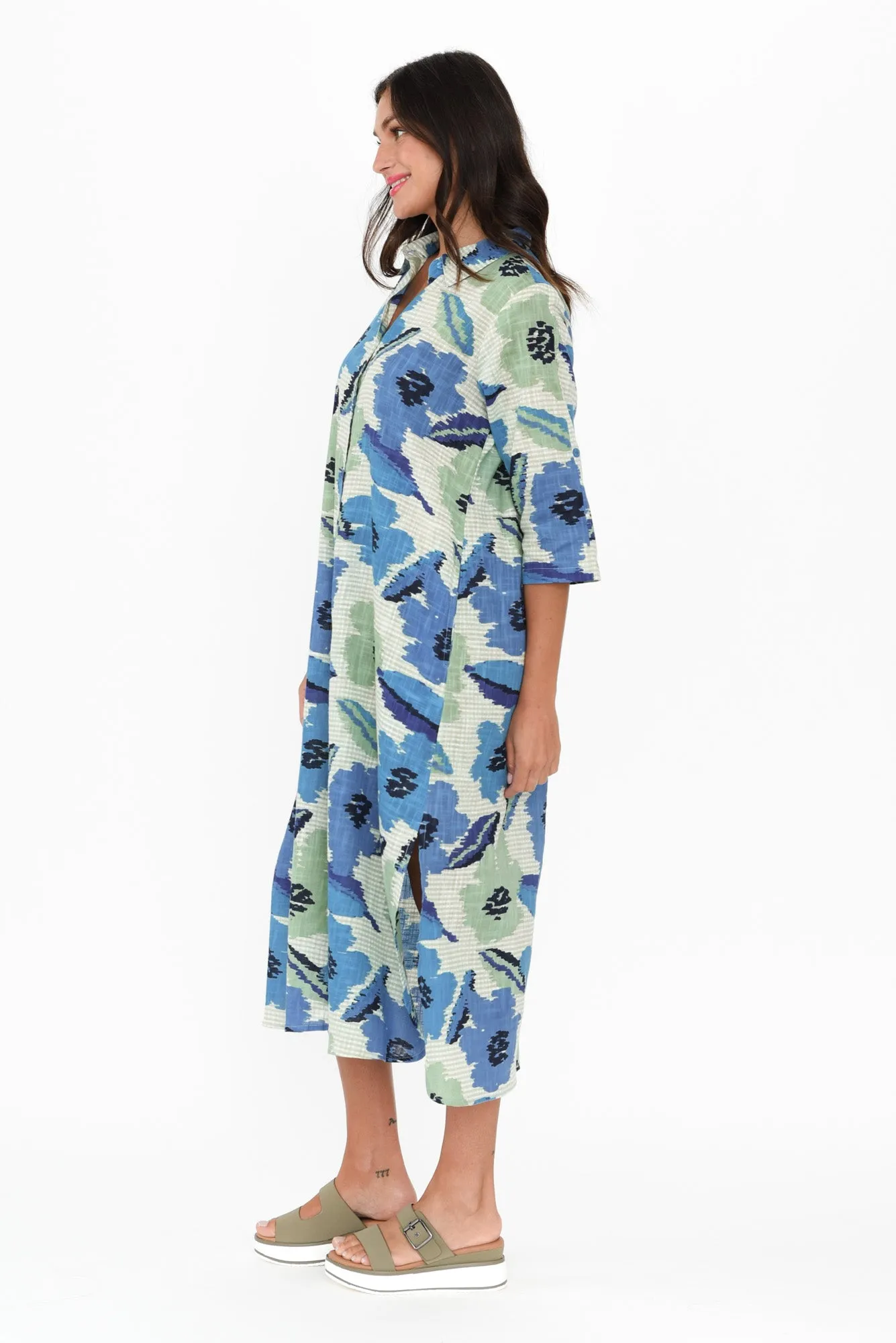 Tricia Blue Floral Cotton Shirt Dress sold by Blue Bungalow product image thumbnail 3