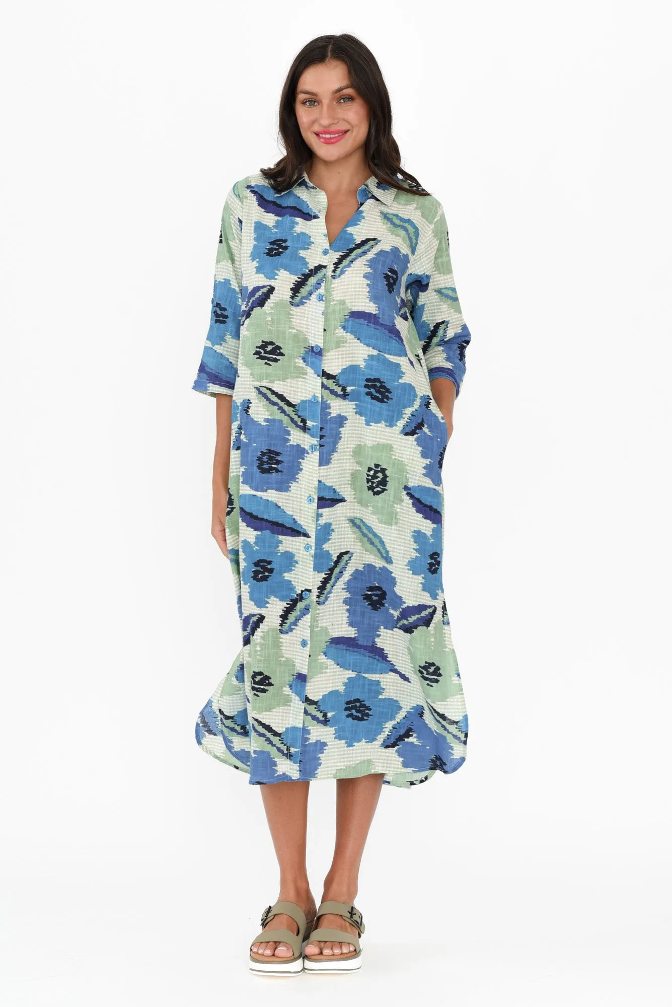 Tricia Blue Floral Cotton Shirt Dress sold by Blue Bungalow product image thumbnail 2