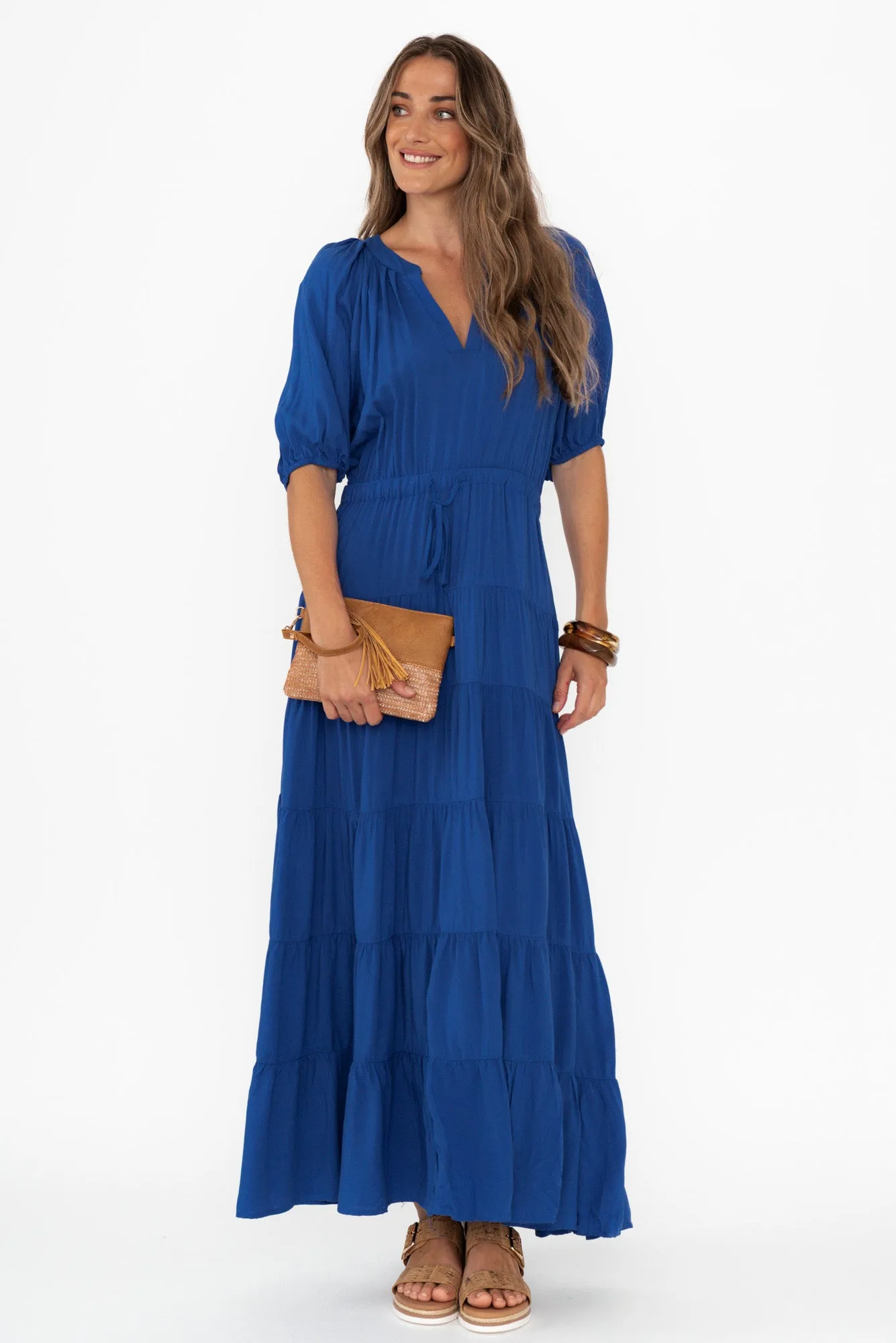 Aleja Cobalt Drawstring Tier Dress sold by Blue Bungalow