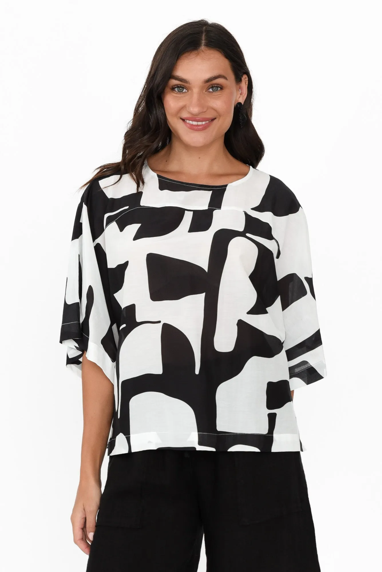 Baley Black Abstract Cotton Silk Top sold by Blue Bungalow