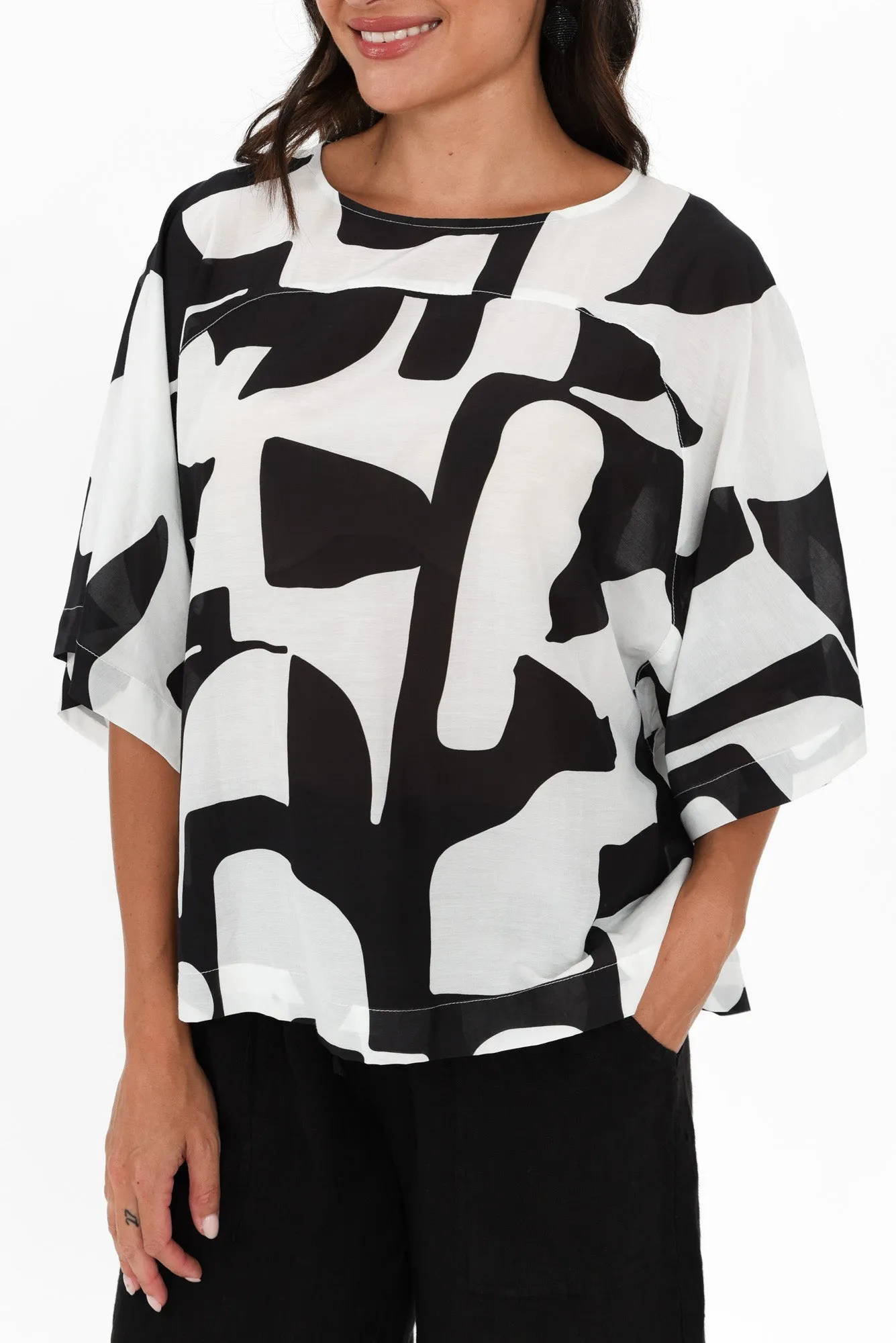 Baley Black Abstract Cotton Silk Top sold by Blue Bungalow product image thumbnail 5