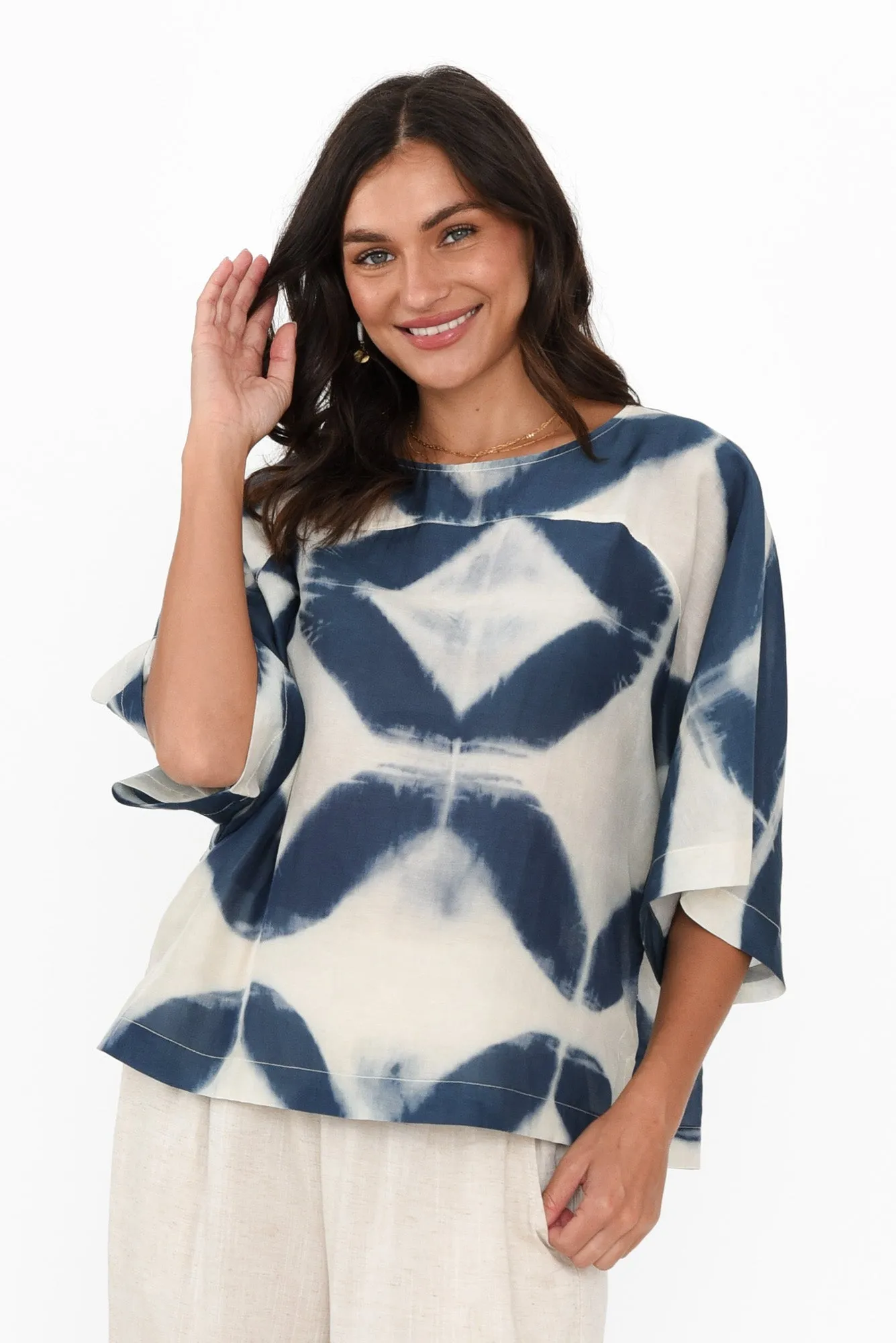 Baley Blue Diamond Cotton Silk Top sold by Blue Bungalow