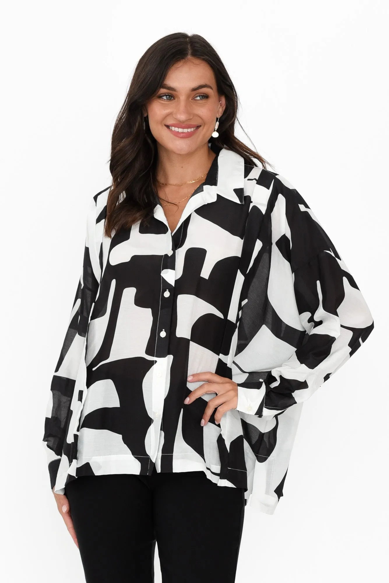 Arona Black Abstract Cotton Silk Shirt sold by Blue Bungalow