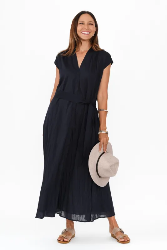 Octavia Navy Crinkle Cotton Button Dress sold by Blue Bungalow