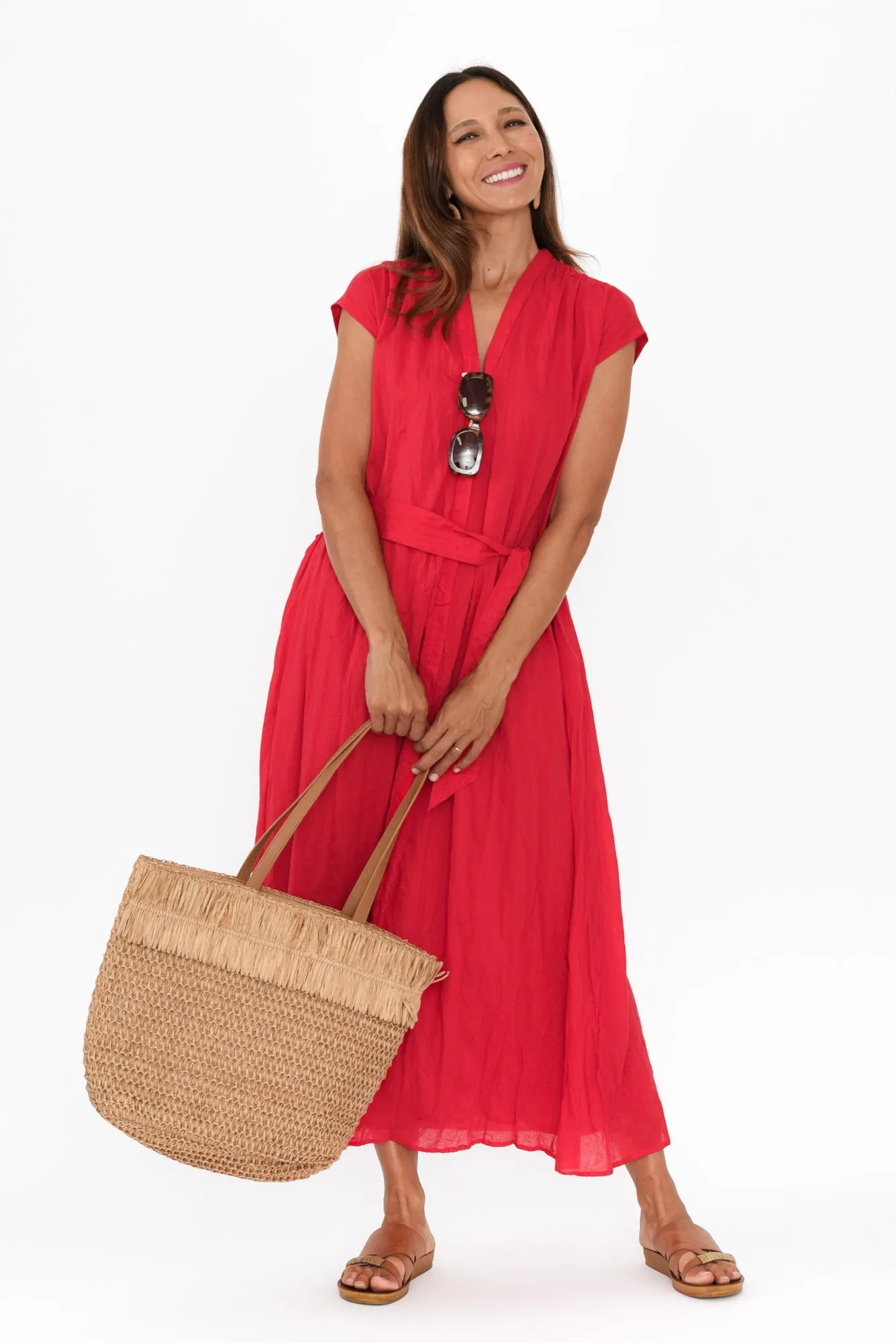 Octavia Red Crinkle Cotton Button Dress sold by Blue Bungalow