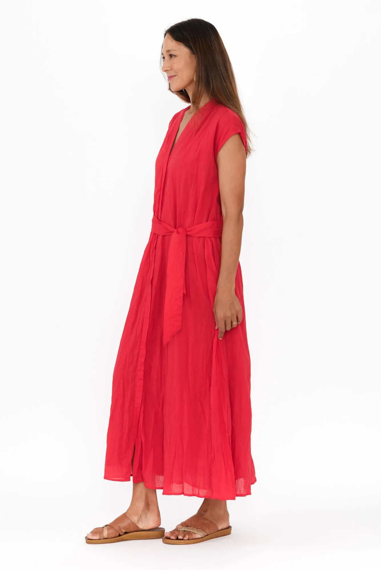 Octavia Red Crinkle Cotton Button Dress sold by Blue Bungalow product image thumbnail 3