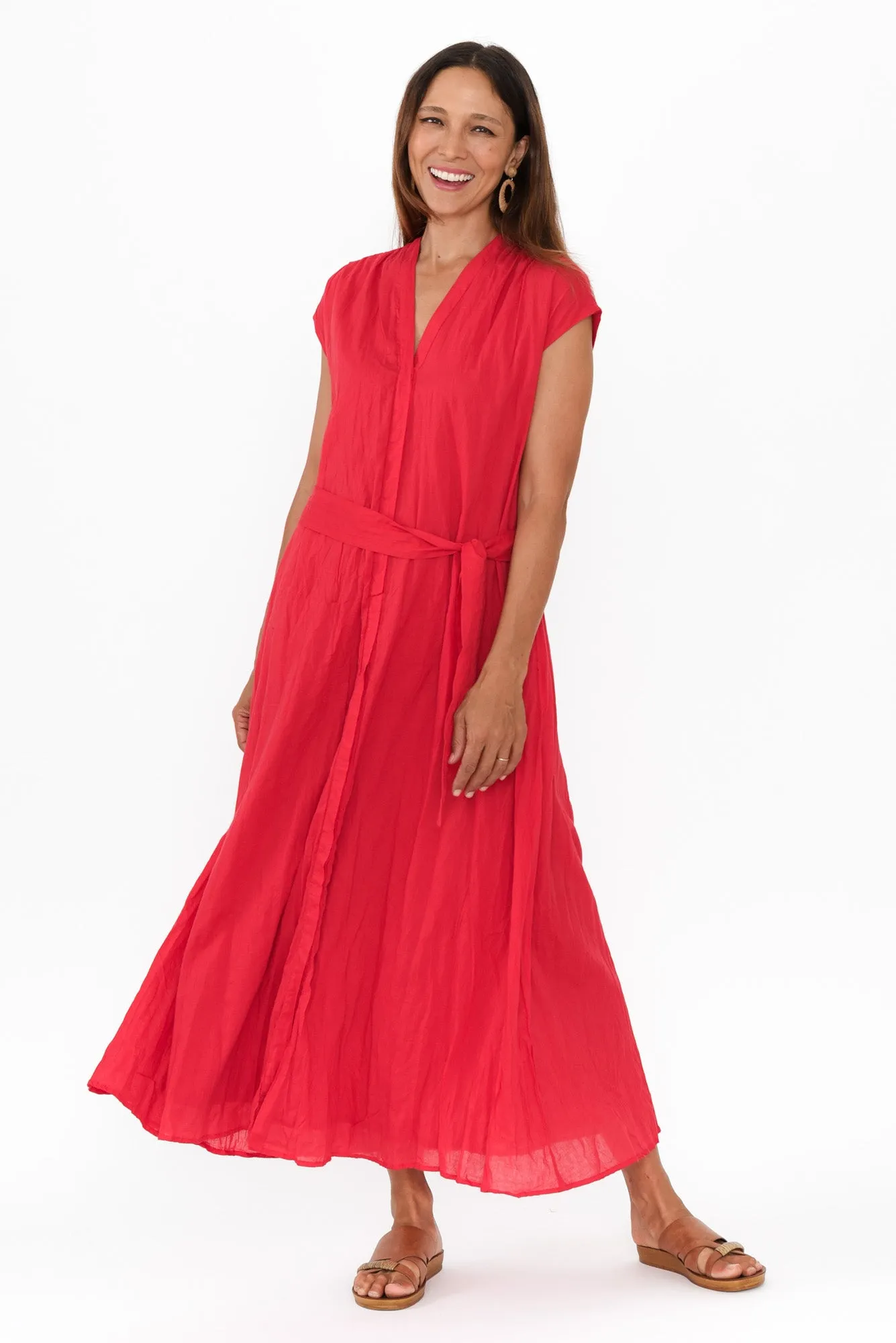 Octavia Red Crinkle Cotton Button Dress sold by Blue Bungalow product image thumbnail 2
