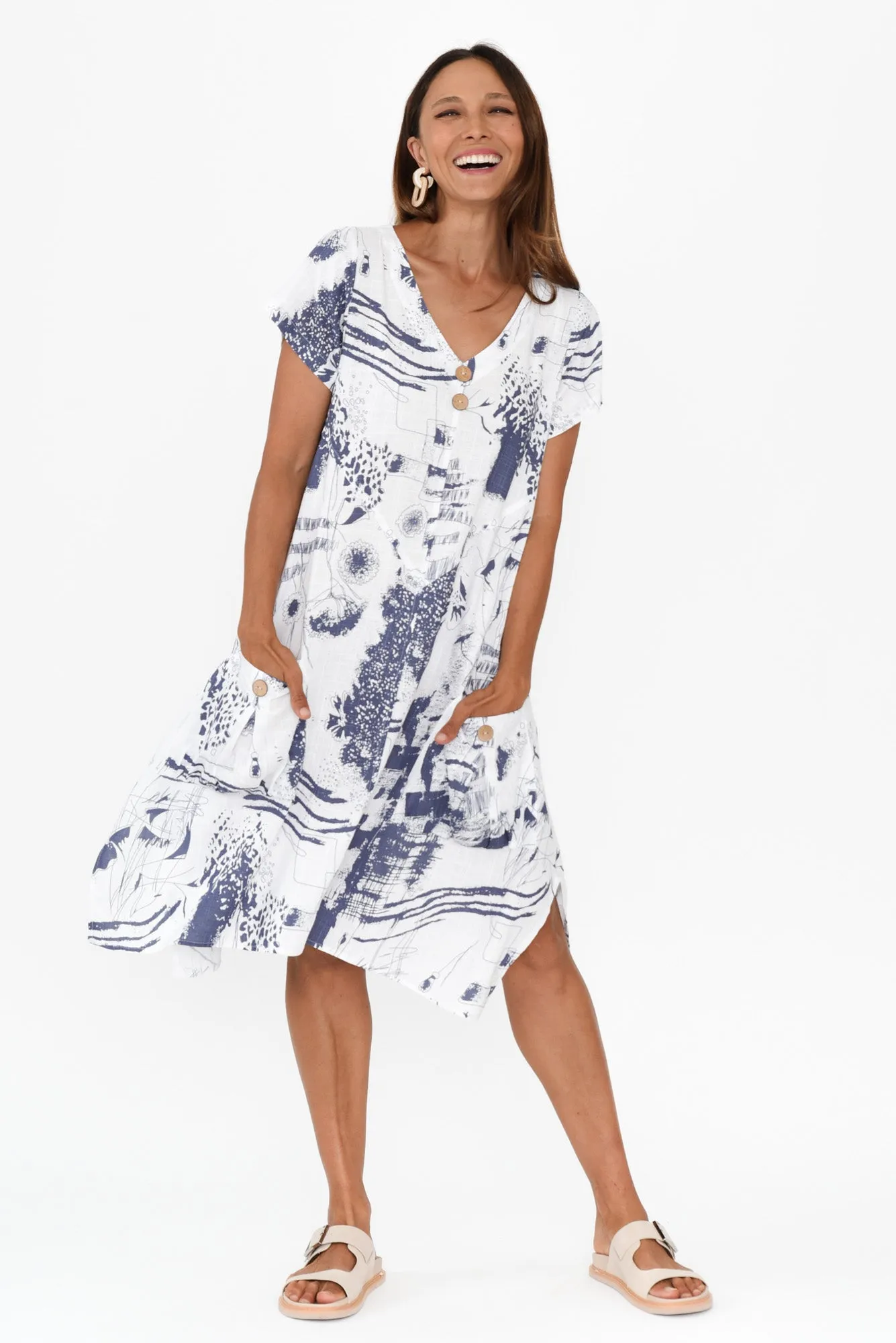 Bryant Blue Abstract Linen Cotton Dress sold by Blue Bungalow