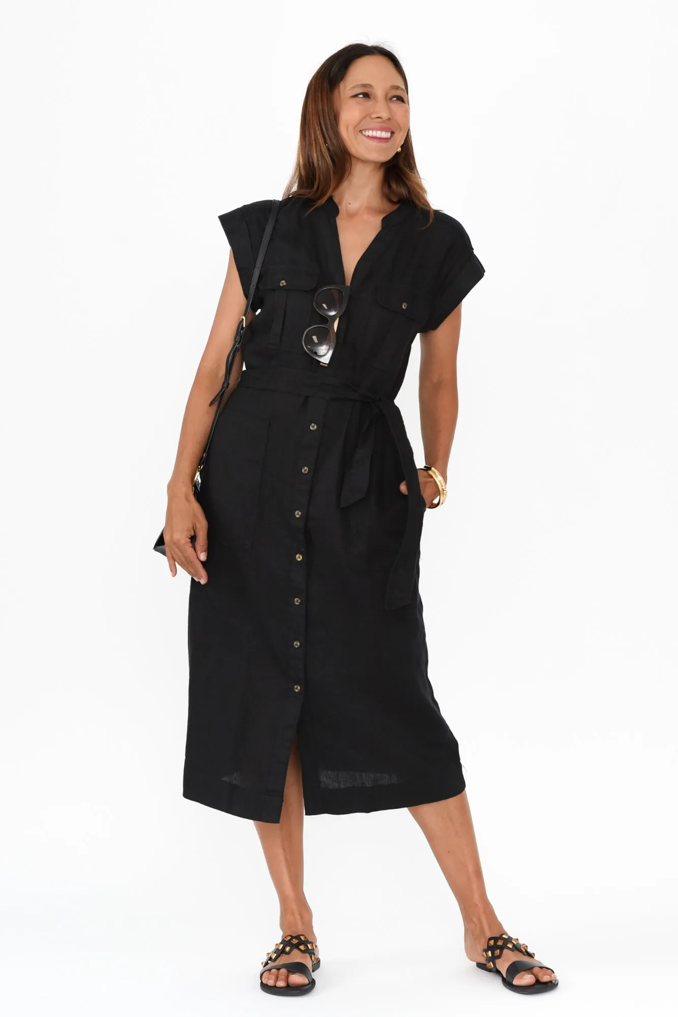 Harlow Black Linen Belted Dress sold by Blue Bungalow