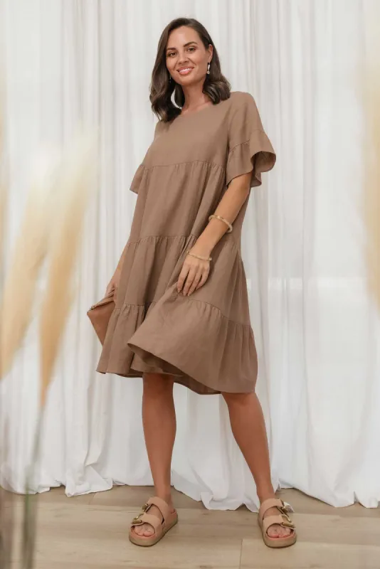 Azura Chocolate Linen Blend Tiered Dress sold by Blue Bungalow