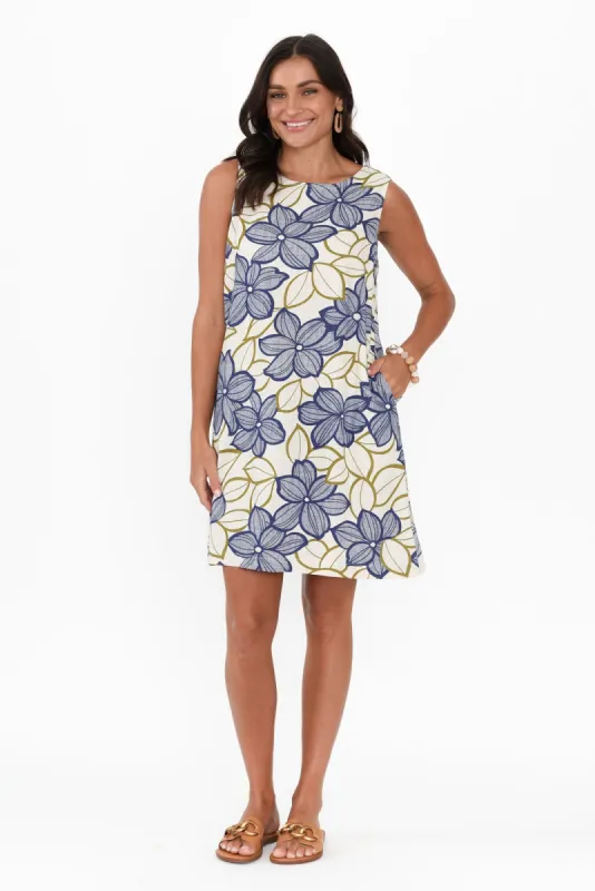 Essen Blue Floral Linen Cotton Dress sold by Blue Bungalow
