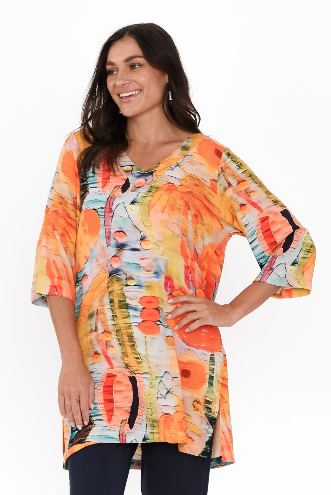 Enzo Orange Floral V Neck Tunic sold by Blue Bungalow