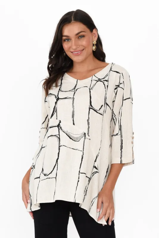 Dina Beige Geo Linen Cotton Top sold by Blue Bungalow