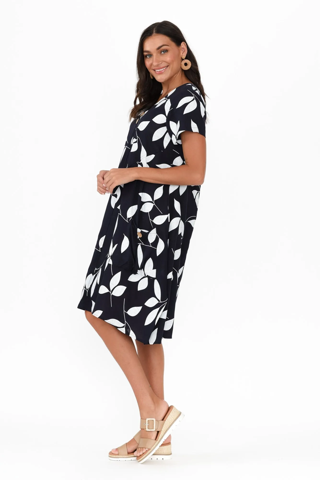 Bryant Navy Leaf Linen Cotton Dress sold by Blue Bungalow product image thumbnail 3