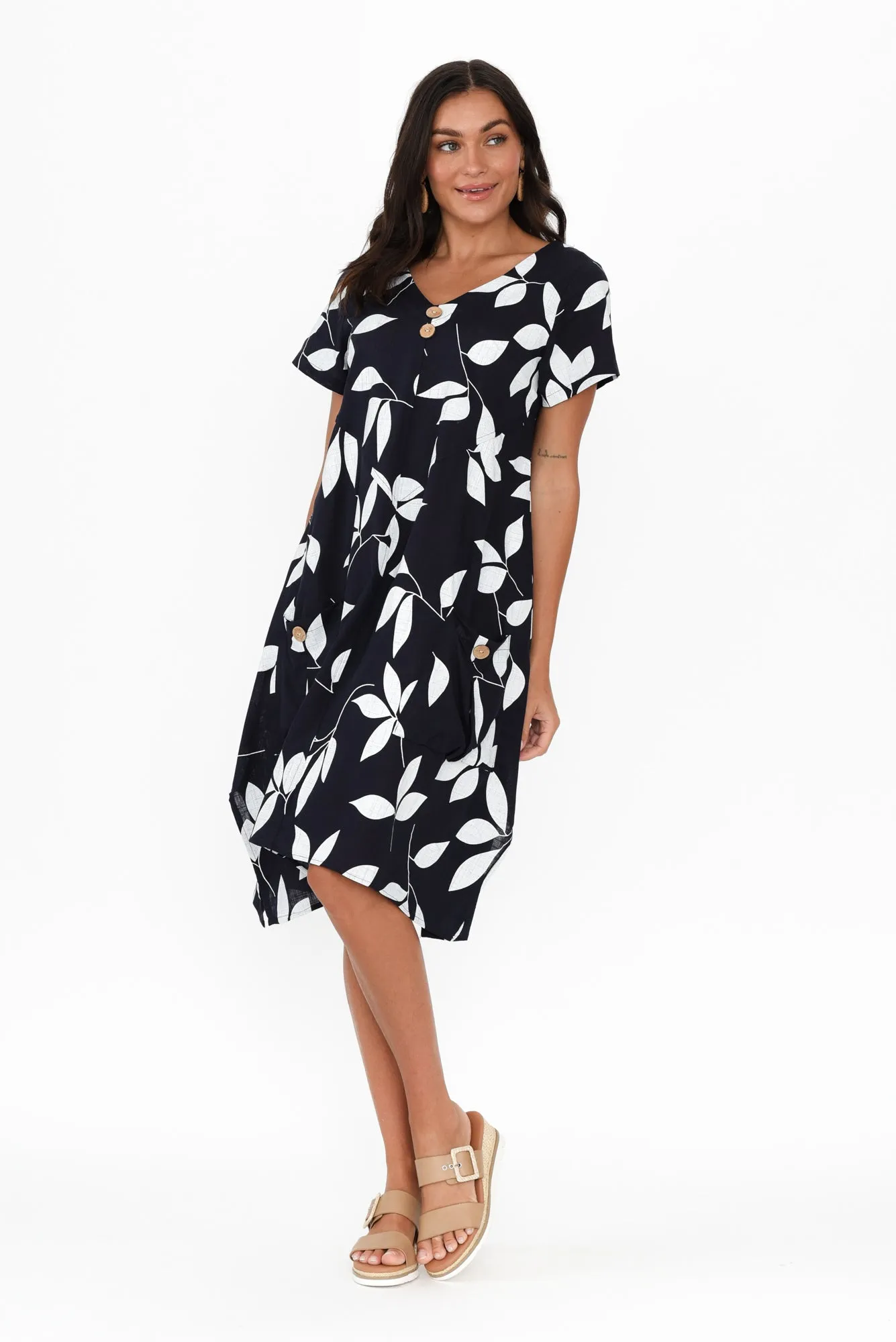 Bryant Navy Leaf Linen Cotton Dress sold by Blue Bungalow