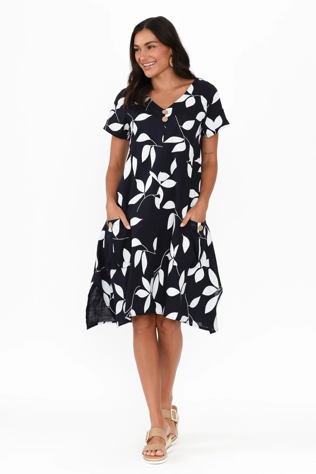 Bryant Navy Leaf Linen Cotton Dress sold by Blue Bungalow product image thumbnail 2