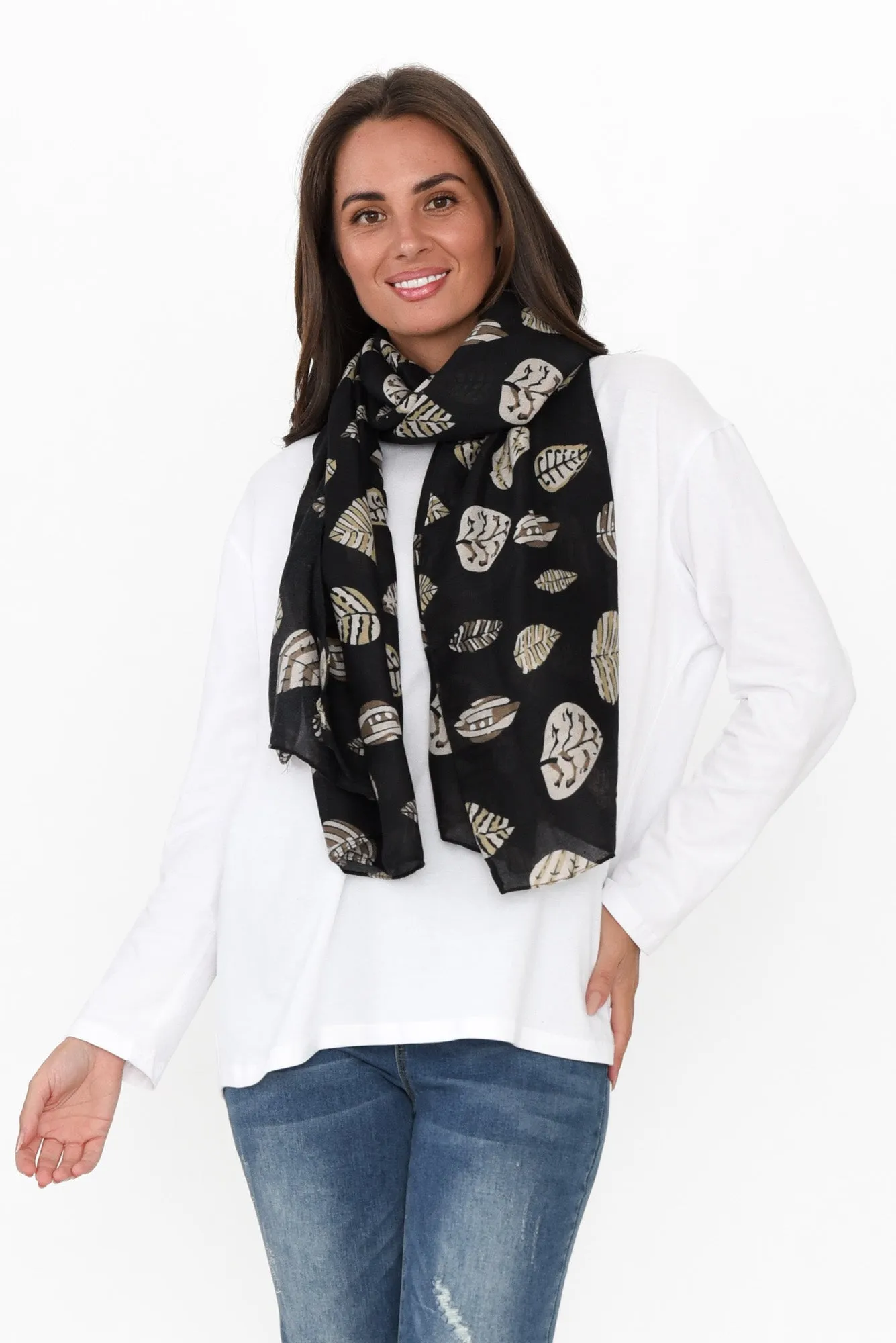 Monto Black Leaf Scarf sold by Blue Bungalow