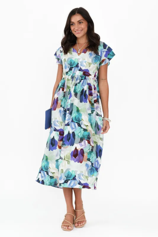 Suzette Blue Floral Midi Dress sold by Blue Bungalow