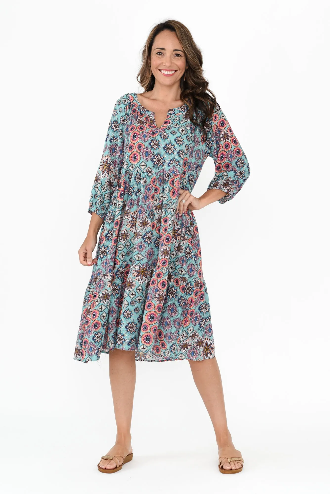 Irene Blue Mosaic Cotton Blend Dress sold by Blue Bungalow