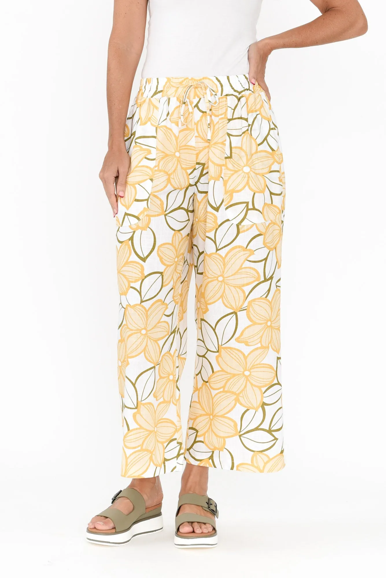 Minnelli Yellow Floral Linen Cotton Pants sold by Blue Bungalow