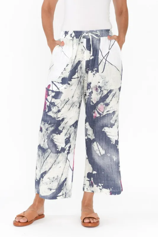 Minnelli Navy Abstract Linen Cotton Pants sold by Blue Bungalow