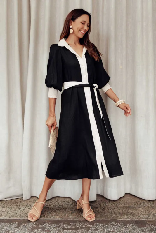 Catalina Black Trim Linen Blend Tie Dress sold by Blue Bungalow