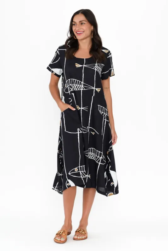 Lula Navy Sea Linen Cotton Dress sold by Blue Bungalow