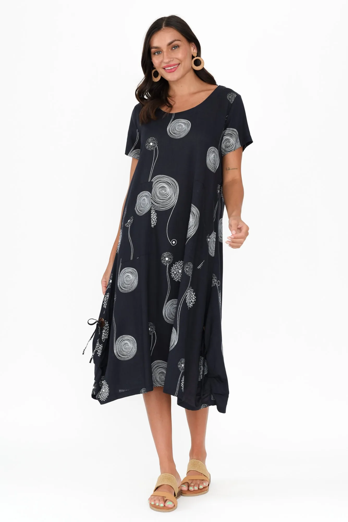 Lula Navy Swirl Linen Cotton Dress sold by Blue Bungalow