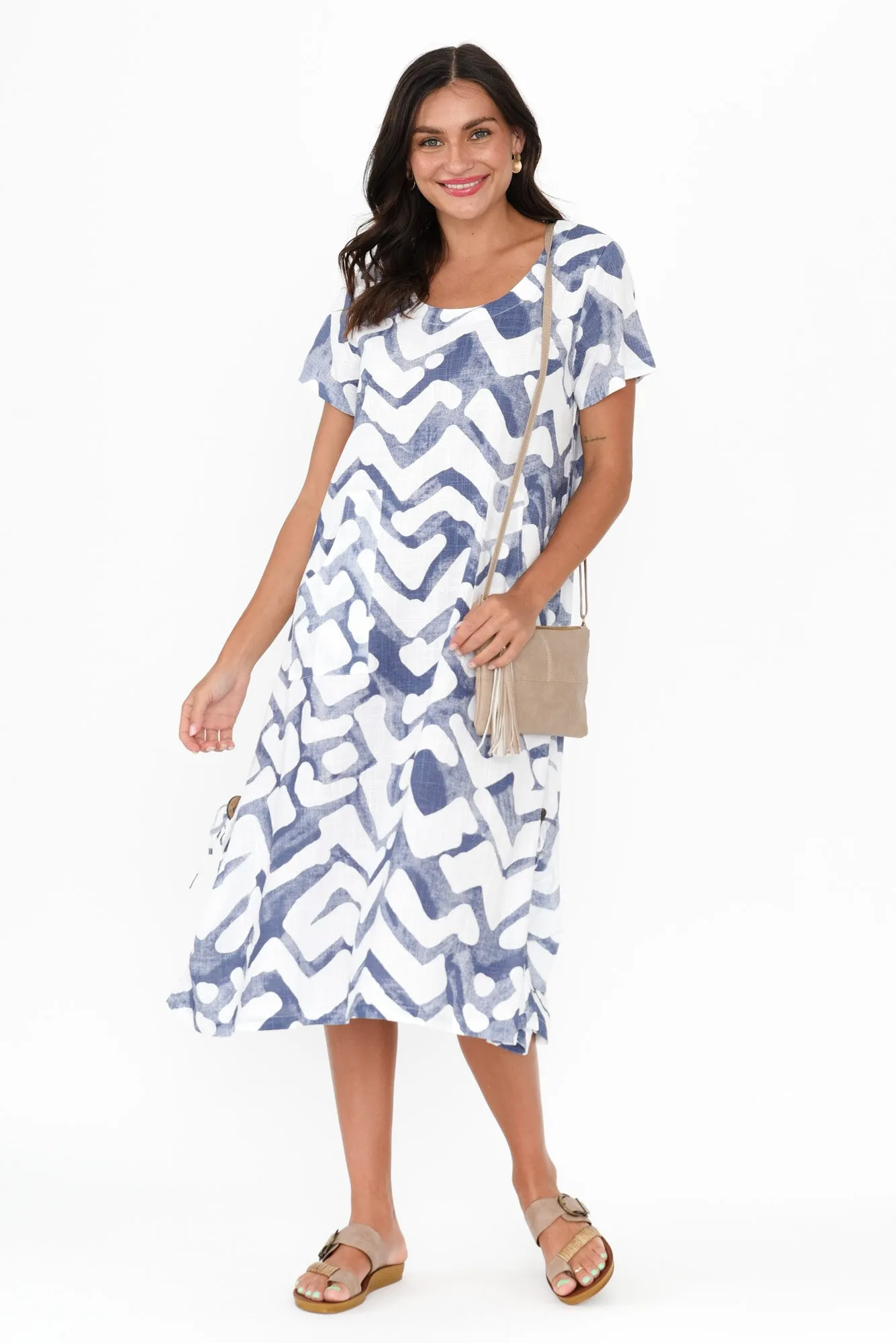 Lula Blue Geo Linen Cotton Dress sold by Blue Bungalow