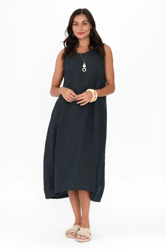 Merida Navy Linen Midi Dress sold by Blue Bungalow