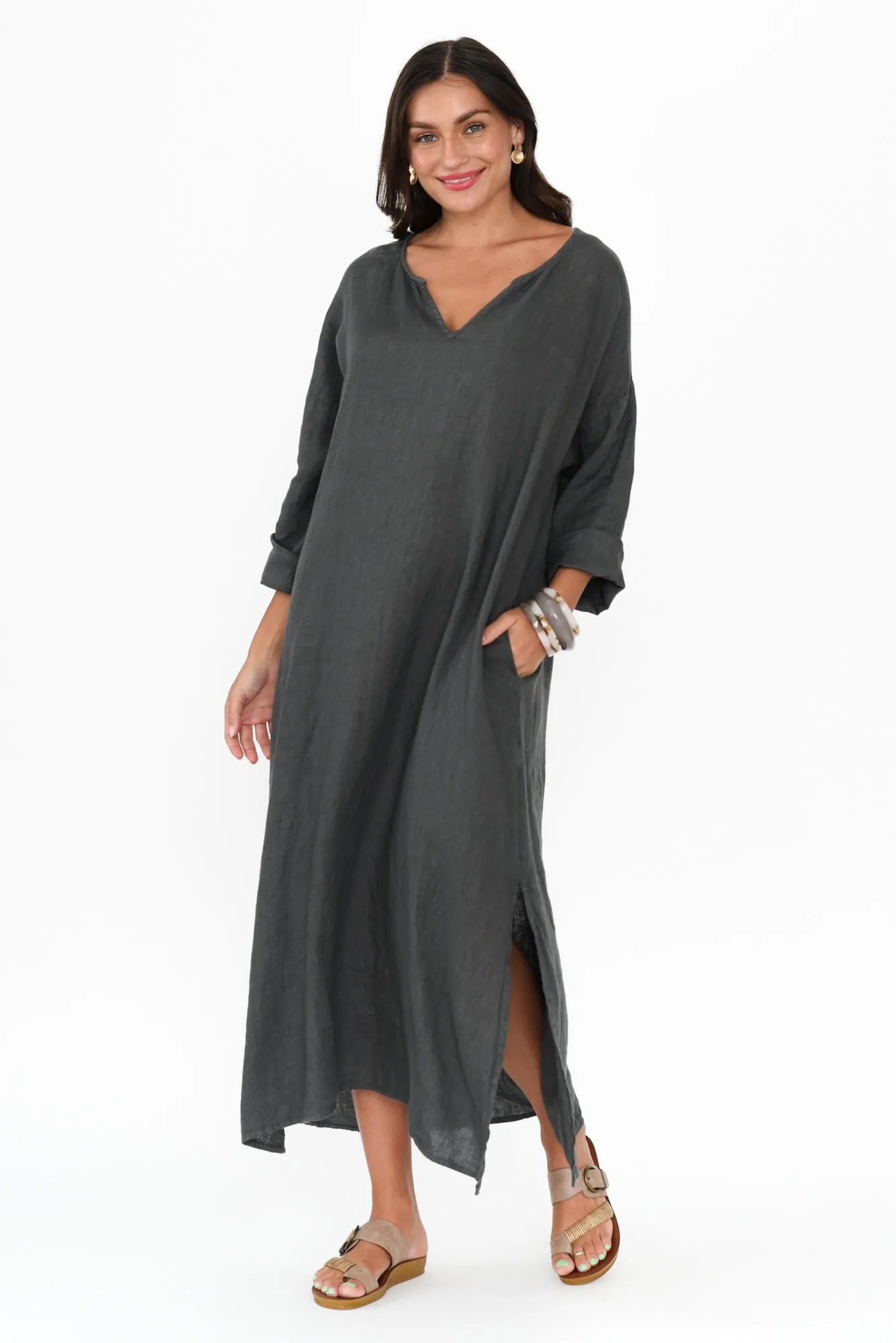 Yvonne Charcoal Linen V Neck Dress sold by Blue Bungalow product image thumbnail 2
