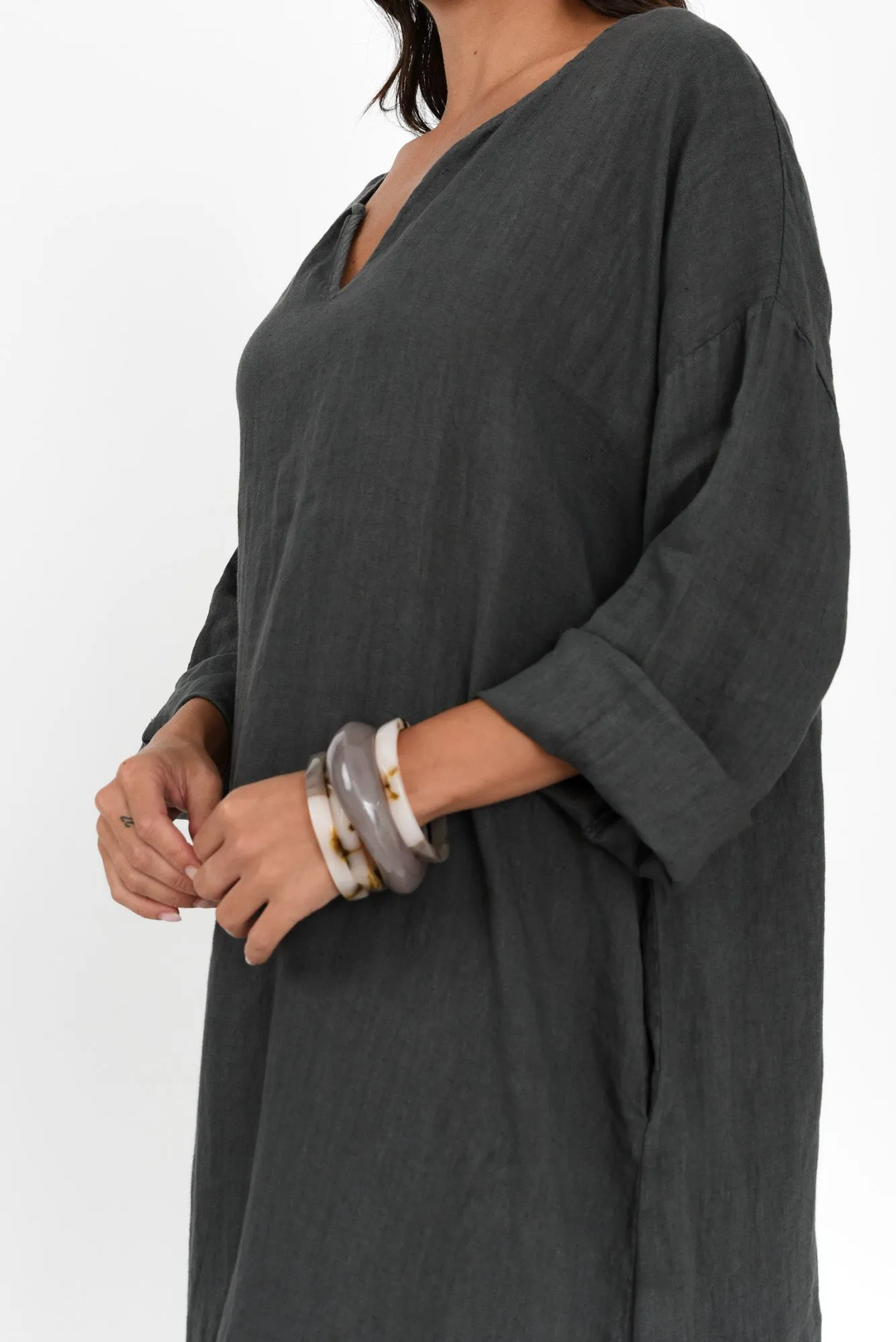 Yvonne Charcoal Linen V Neck Dress sold by Blue Bungalow product image thumbnail 5