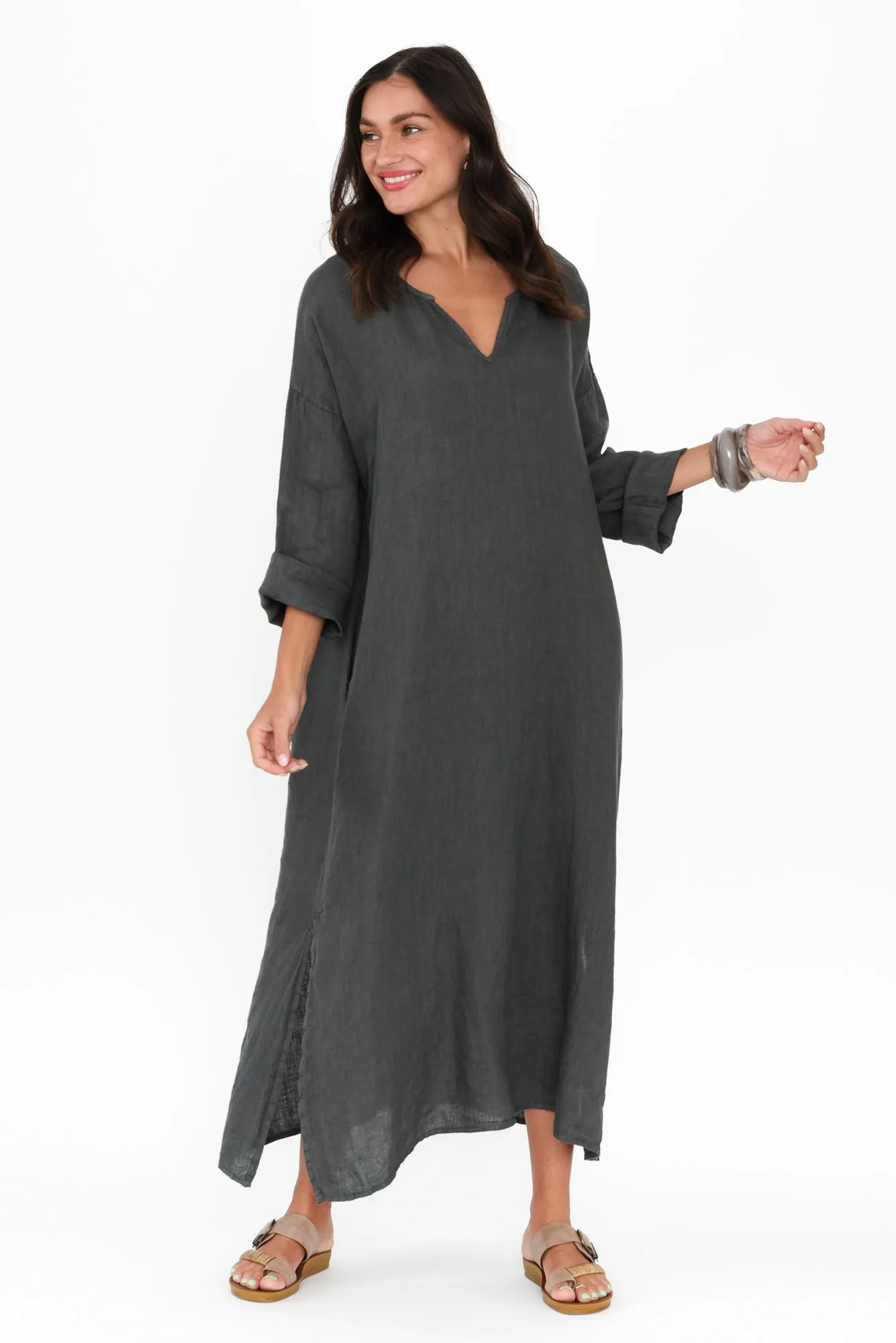 Yvonne Charcoal Linen V Neck Dress sold by Blue Bungalow