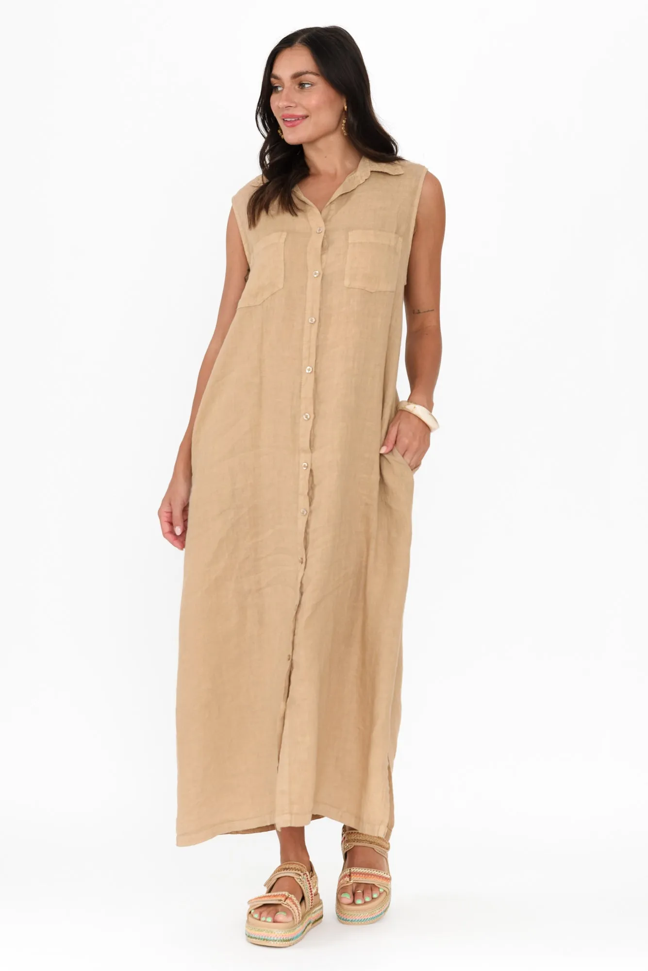 Perla Mocha Linen Button Dress sold by Blue Bungalow