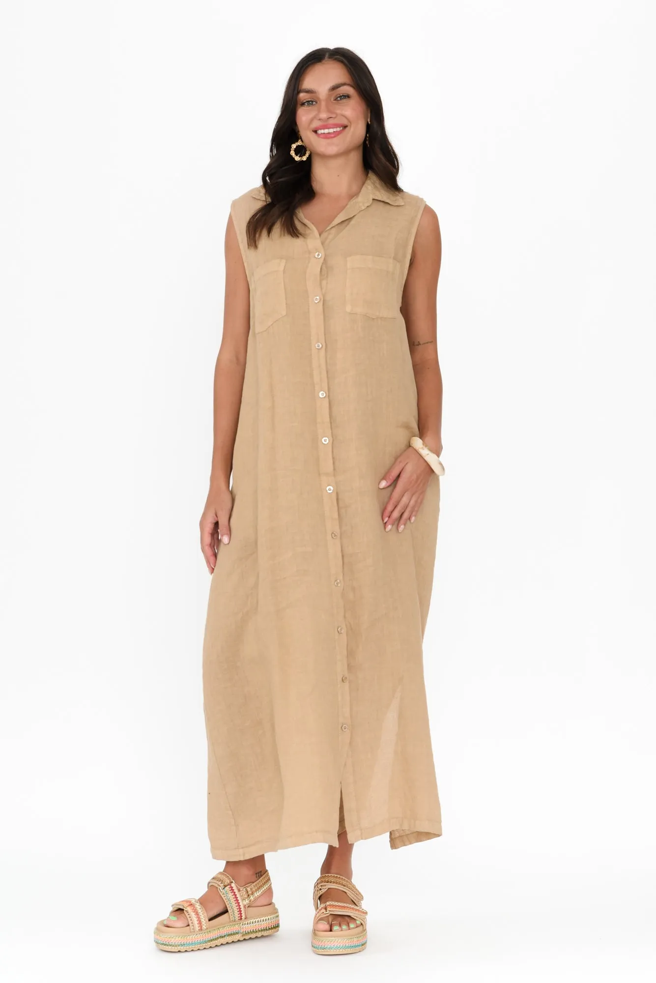 Perla Mocha Linen Button Dress sold by Blue Bungalow product image thumbnail 2
