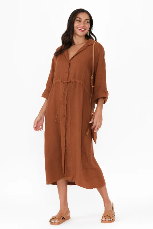 Liesel Rust Linen Drawstring Dress sold by Blue Bungalow
