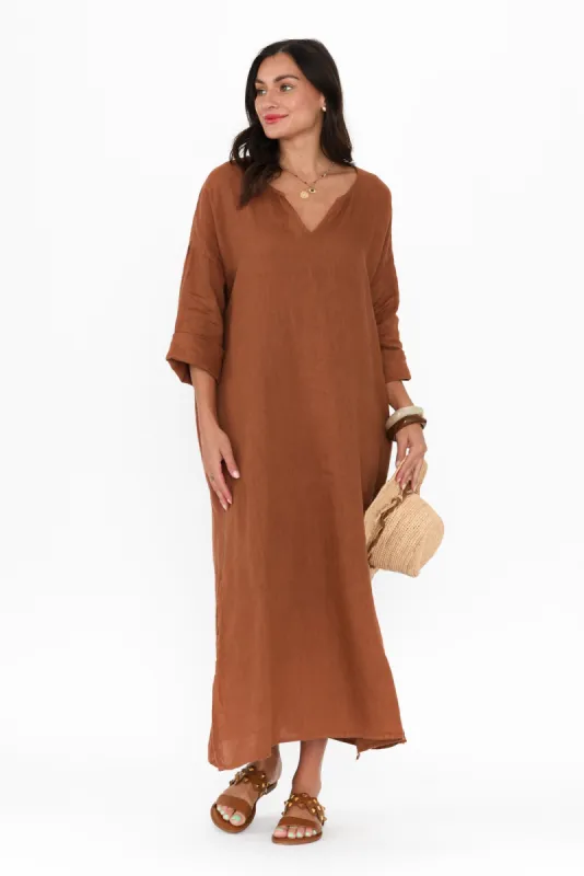 Yvonne Rust Linen V Neck Dress sold by Blue Bungalow