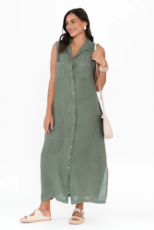 Perla Khaki Linen Button Dress sold by Blue Bungalow