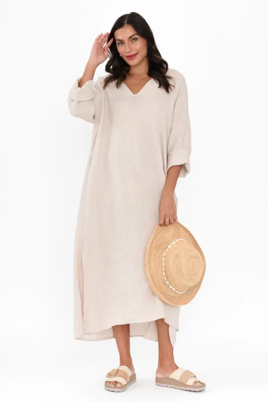 Yvonne Natural Linen V Neck Dress sold by Blue Bungalow