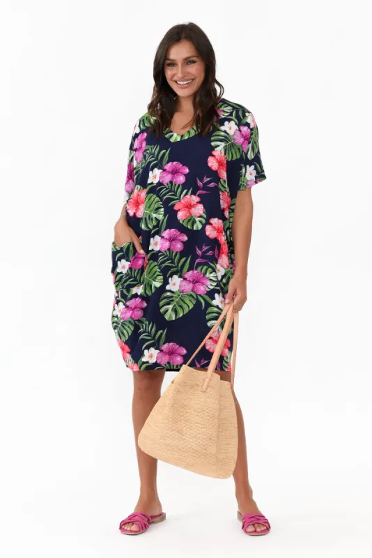 Gaby Navy Tropical Drape Tee Dress sold by Blue Bungalow