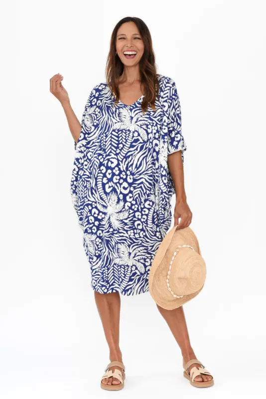 Freya Blue Palm Bamboo Batwing Dress sold by Blue Bungalow