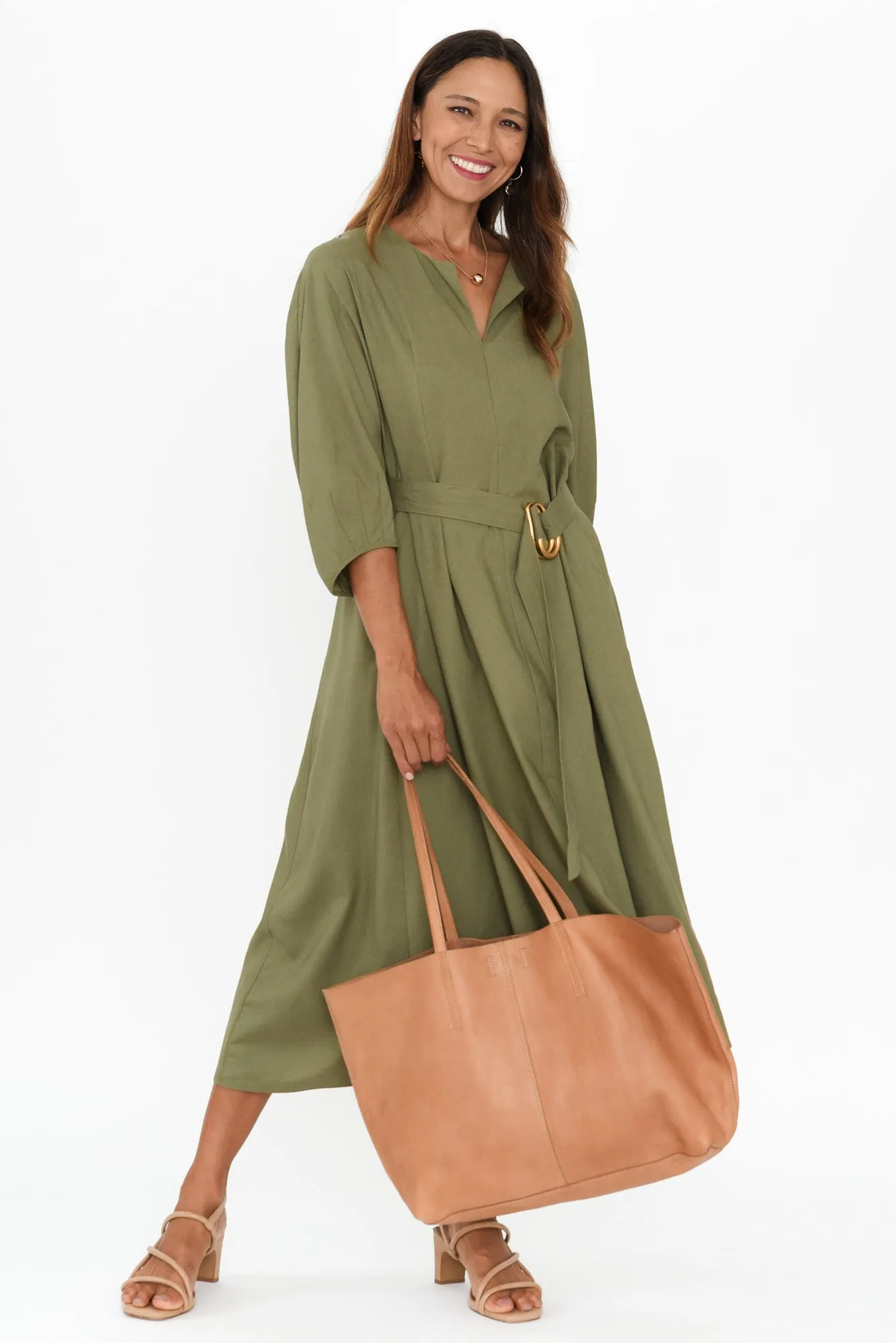 Shoreline Khaki Linen Blend Belted Dress sold by Blue Bungalow