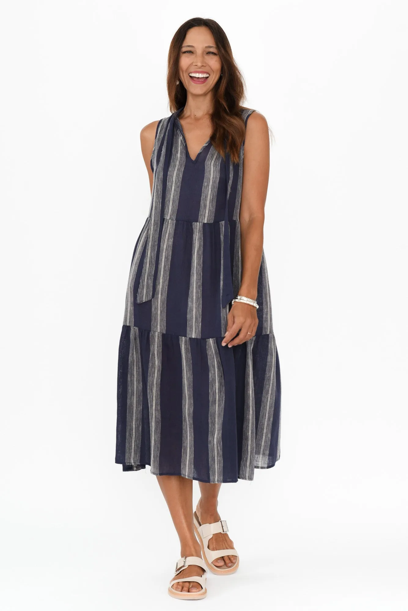 Lizzy Navy Stripe Tier Dress sold by Blue Bungalow