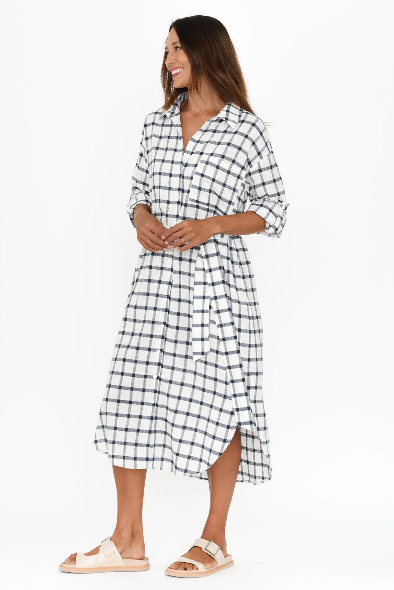Beau White Check Linen Shirt Dress sold by Blue Bungalow product image thumbnail 3