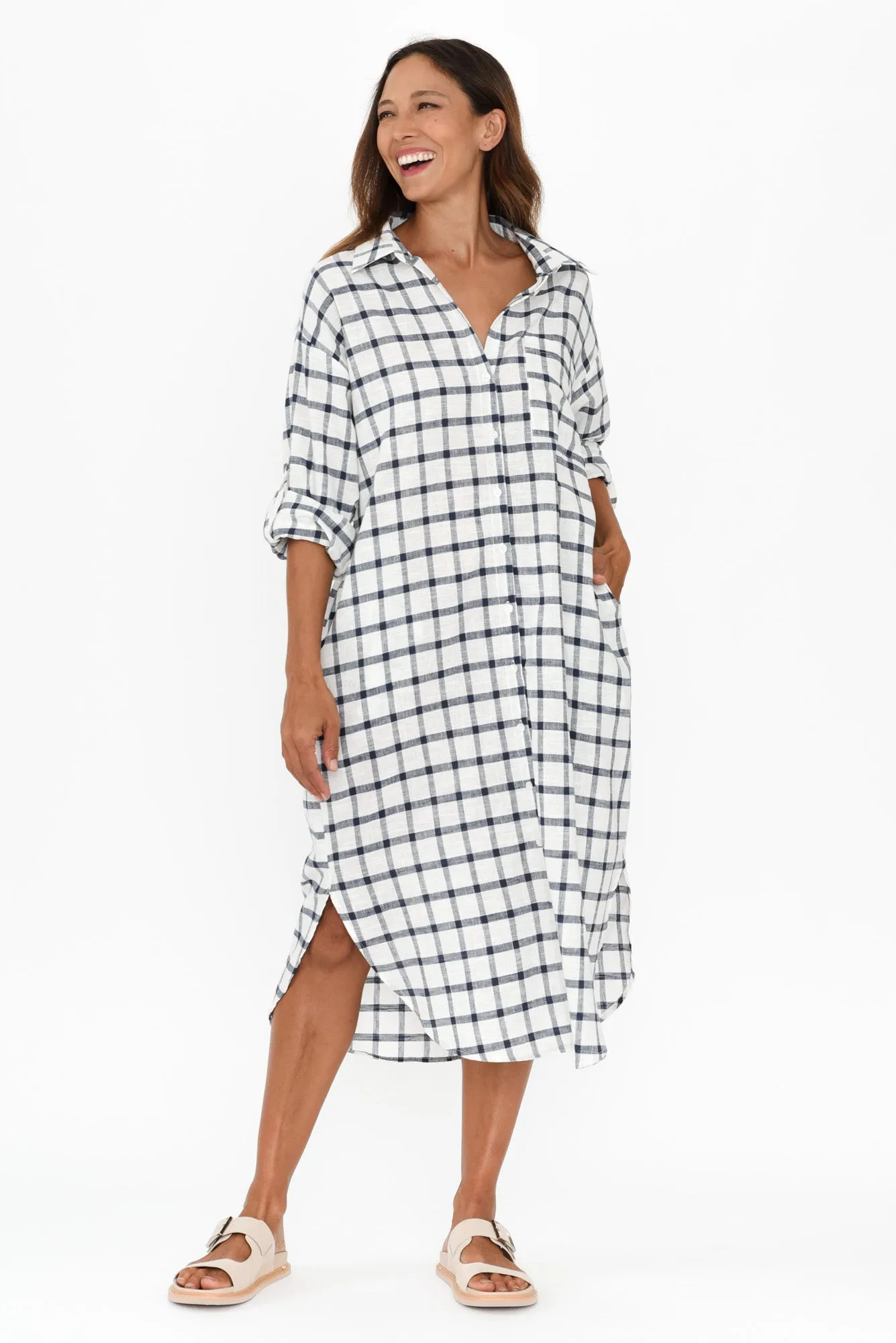 Beau White Check Linen Shirt Dress sold by Blue Bungalow product image thumbnail 5