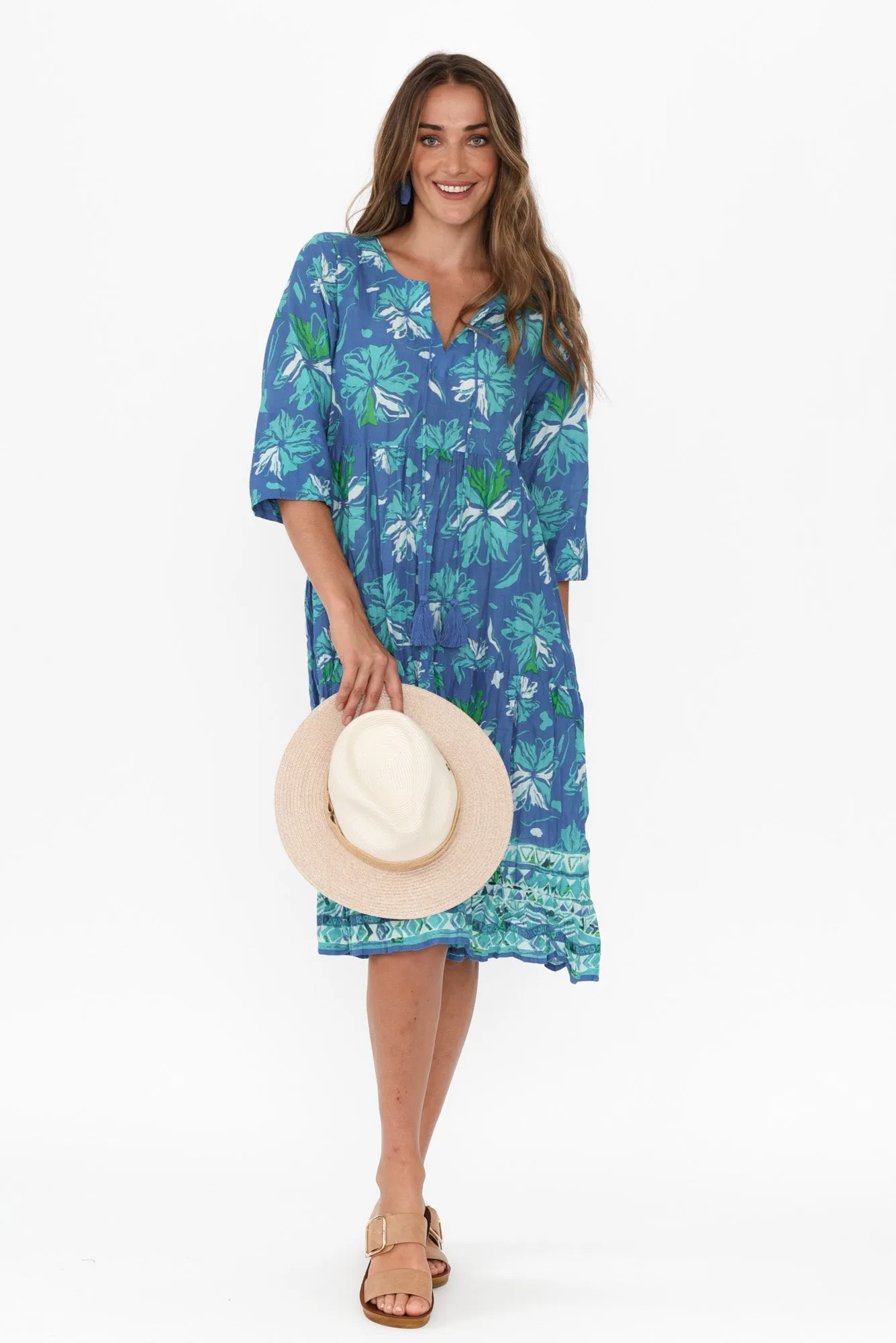 Milana Aqua Floral Crinkle Cotton Dress sold by Blue Bungalow