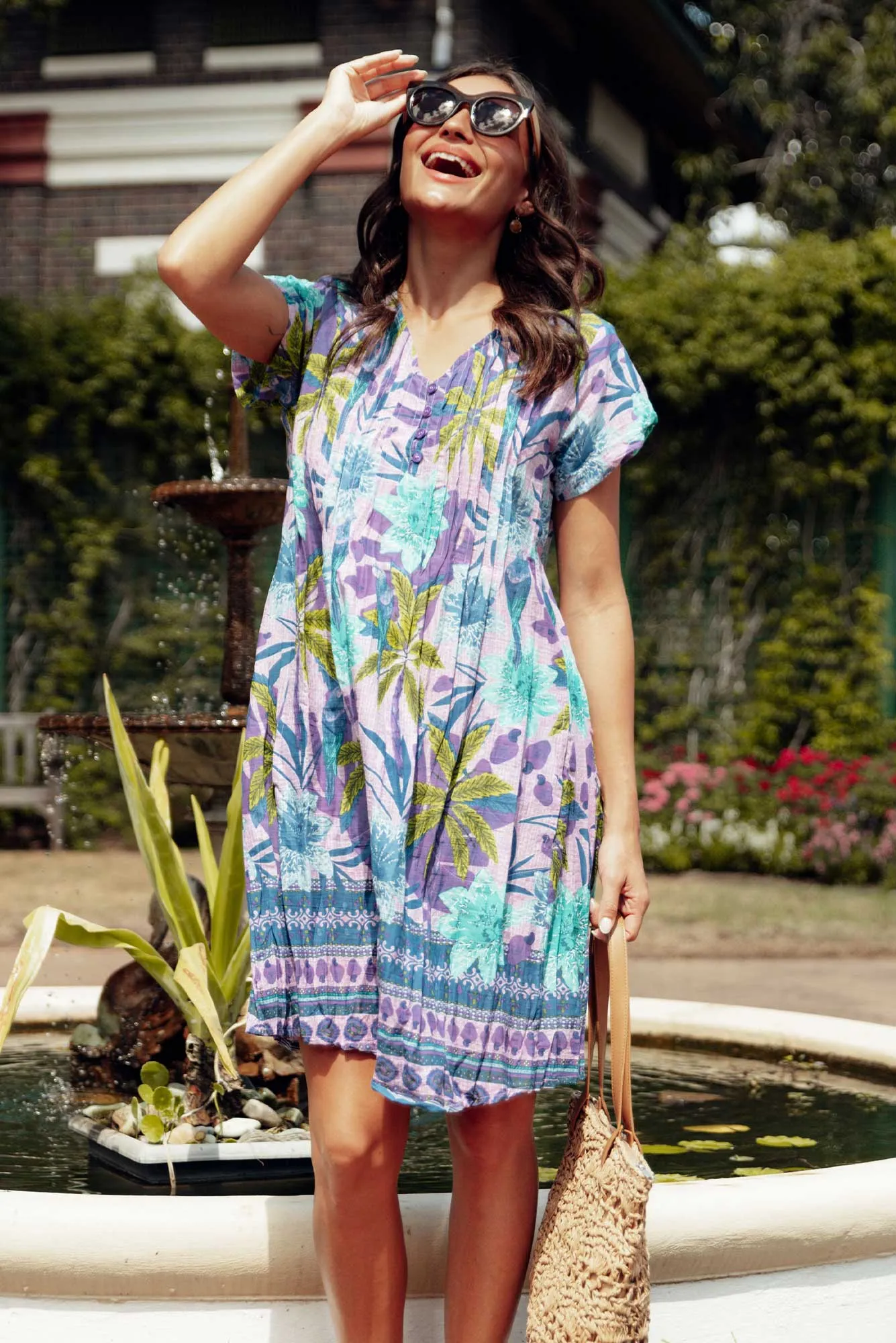 Sabina Purple Palm Crinkle Cotton Dress sold by Blue Bungalow
